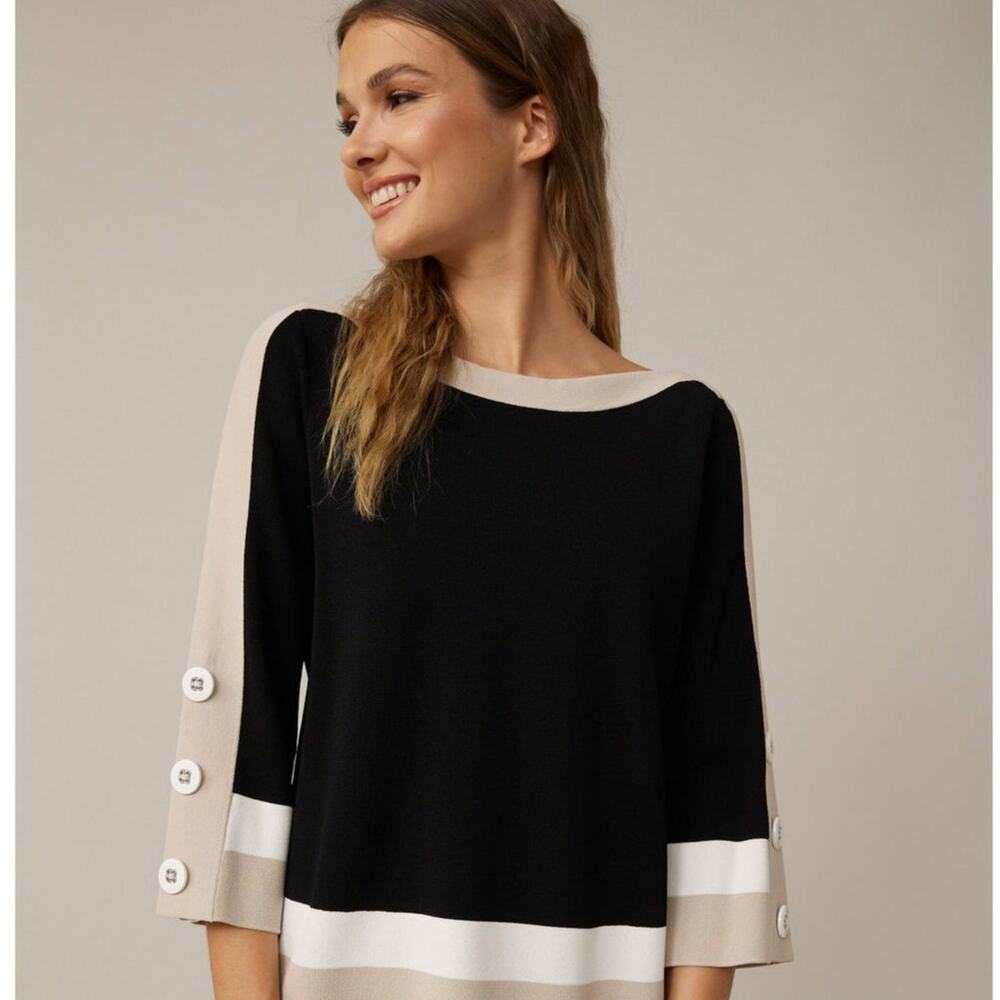 Joseph Ribkoff Black/Neutral Tone Colorblock Boatneck 3/4-Sleeve Knit Top Large